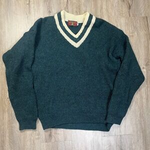 Creem Club 100% Shetlant Wool Tennis Sweater Green Men's XL 54 V Neck Pullover